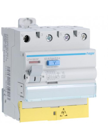 Interrupteur différentiel 3P+N 63A 300mA type haute immunité à bornes décalées HAGER CFH863F