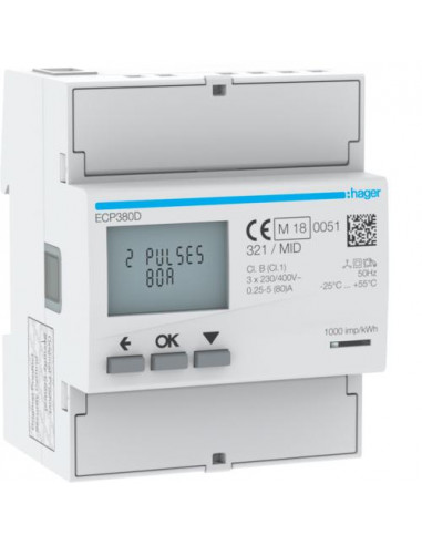 3 Phase kWhmeter direct 80A 4M S0 MID HAGER ECP380D