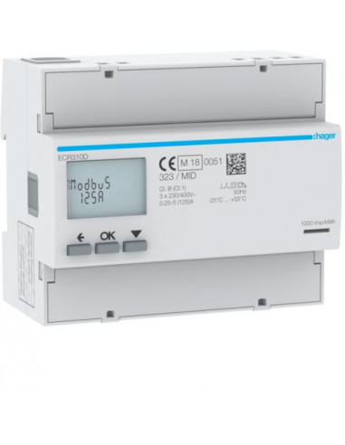 3 Phase kWhmeter direct 125A 6M MODBUS MID HAGER ECR310D