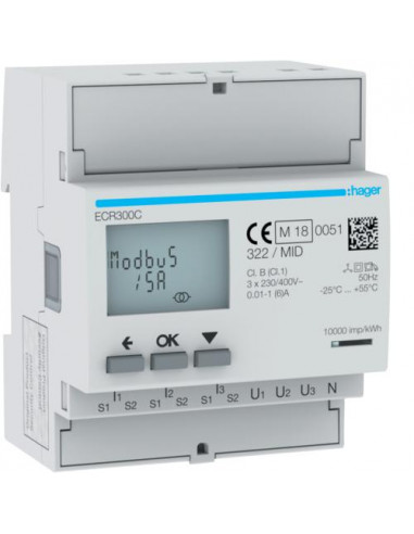 3 Phase kWhmeter via CT 1A or 5A 4M MODBUS MID HAGER ECR300C