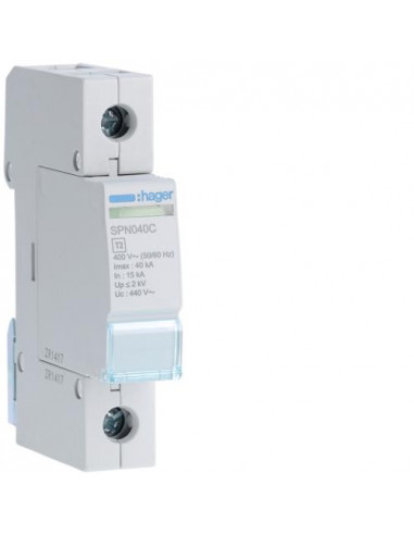 Parafoudre 1P débrochable 40KA type 2 avec voyant fin de vie HAGER SPN140C