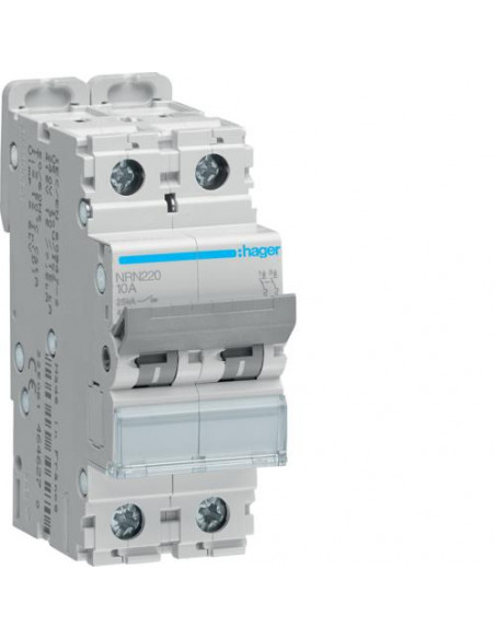 Disjoncteur 2 Pôles 25kA courbe C 20A 2 modules HAGER NRN220