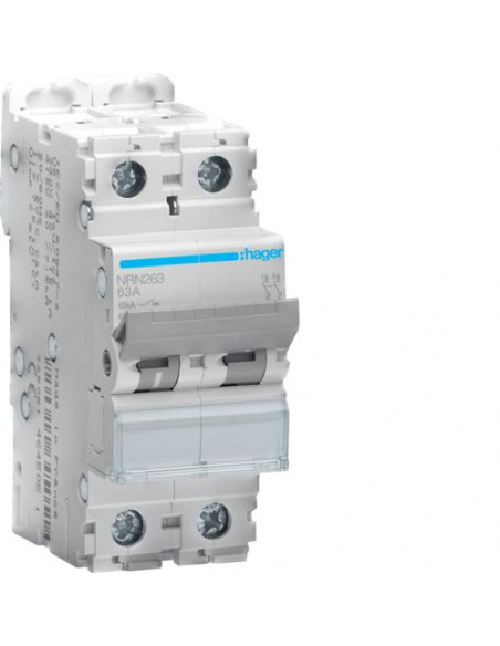Disjoncteur 2 Pôles 15kA courbe C 63A 2 modules HAGER NRN263