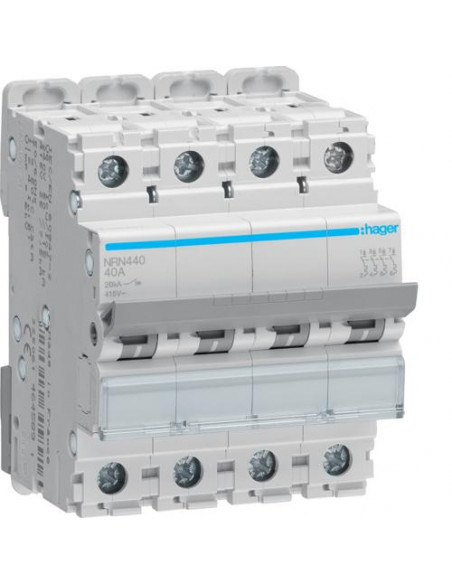 Disjoncteur 4 Pôles 20kA courbe C 40A 4 modules HAGER NRN440