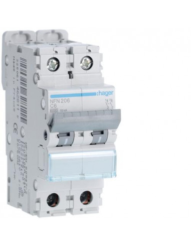 Disjoncteur 2P 6-10kA courbe C - 6A 2 modules HAGER NFN206