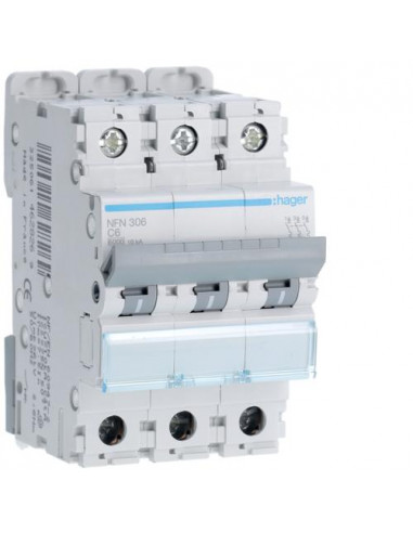 Disjoncteur 3P 6-10kA courbe C - 6A 3 modules HAGER NFN306