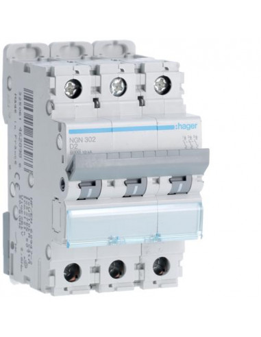Disjoncteur 3P 6-10kA courbe D - 2A 3 modules HAGER NGN302