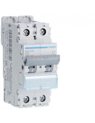 Disjoncteur 2P 6-10kA courbe B - 10A 2 modules HAGER NEN210