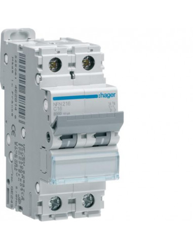 Disjoncteur 2P 6-10kA courbe C - 16A 2 modules HAGER NFN216