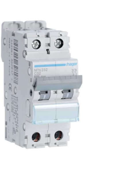 Disjoncteur 2P 6-10kA courbe C - 32A 2 modules HAGER NFN232