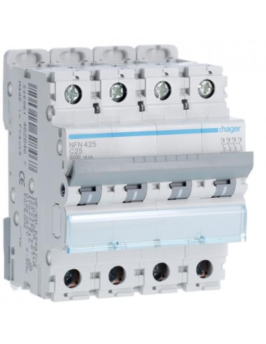 Disjoncteur 4P 6-10kA courbe C - 25A 4 modules HAGER NFN425