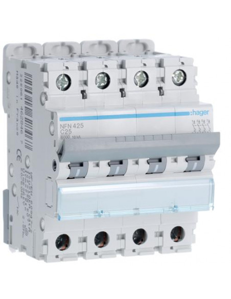 Disjoncteur 4P 6-10kA courbe C - 25A 4 modules HAGER NFN425