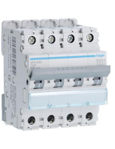 Disjoncteur Tetrapolaire 4 pôles 6-10kA courbe C 63A 4 modules HAGER NFN463 2