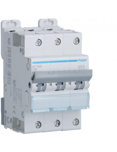 Disjoncteur 3 Pôles 6-10kA courbe C 25A 3 modules HAGER NFT325