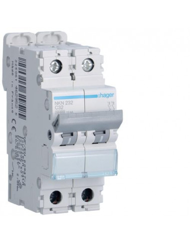 Disjoncteur 2P 10-15kA courbe C - 32A 2 modules HAGER NKN232