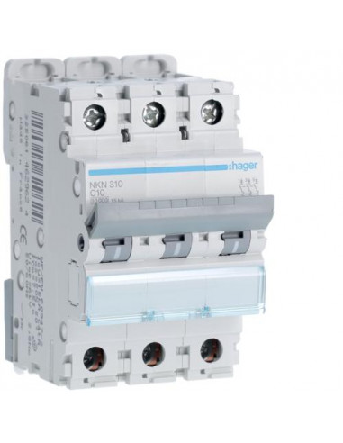 Disjoncteur 3P 10-15kA courbe C - 10A 3 modules HAGER NKN310