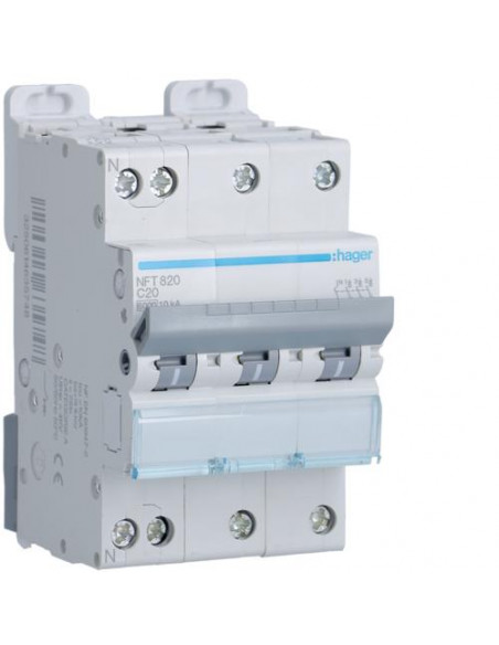 Disjoncteur 3P+N 6-10kA courbe C - 20A 3 modules HAGER NFT820