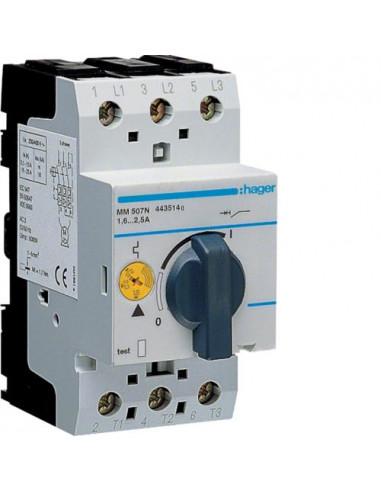 Disjoncteur moteur 1.6-2.5A P 0.37-0.75 kW AC3 230-400 V 2.5 M IEC 947 HAGER MM507N