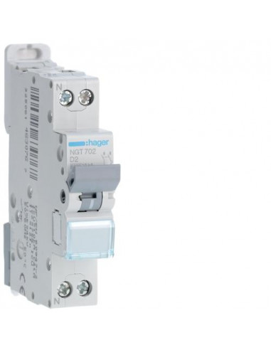 Disjoncteur 1P+N 6-10kA courbe D - 2A 1 module HAGER NGT702
