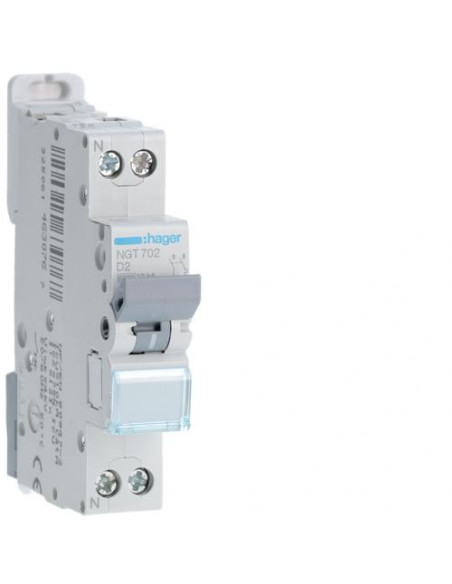 Disjoncteur 1P+N 6-10kA courbe D - 2A 1 module HAGER NGT702