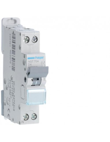 Disjoncteur 1P+N 6-10kA courbe D - 4A 1 module HAGER NGT704