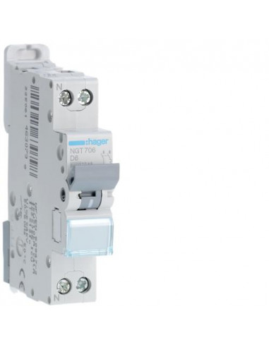 Disjoncteur 1P+N 6-10kA courbe D - 6A 1 module HAGER NGT706