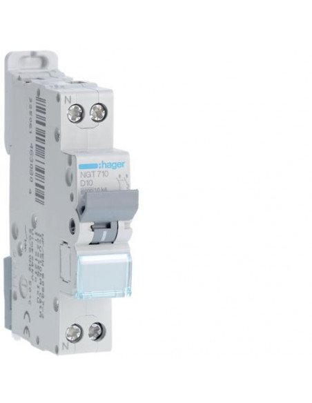 Disjoncteur 1P+N 6-10kA courbe D - 10A 1 module HAGER NGT710