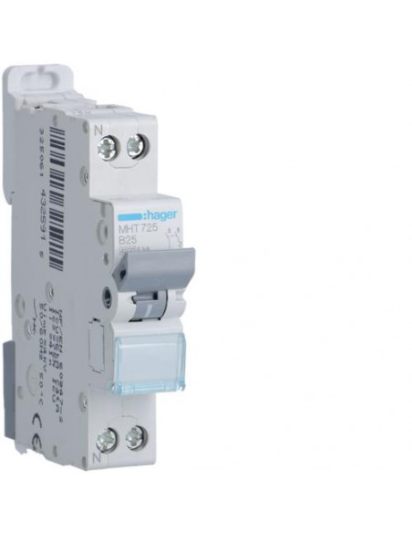 Disjoncteur 1P+N 4.5-6kA courbe B - 25A 1 module HAGER MHT725