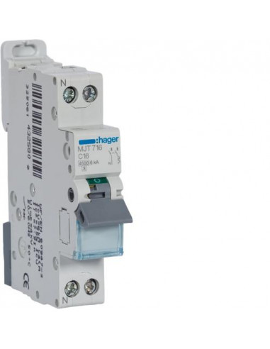 Disjoncteur 1P+N 4.5-6kA courbe C - 16A 1 module HAGER MJT716