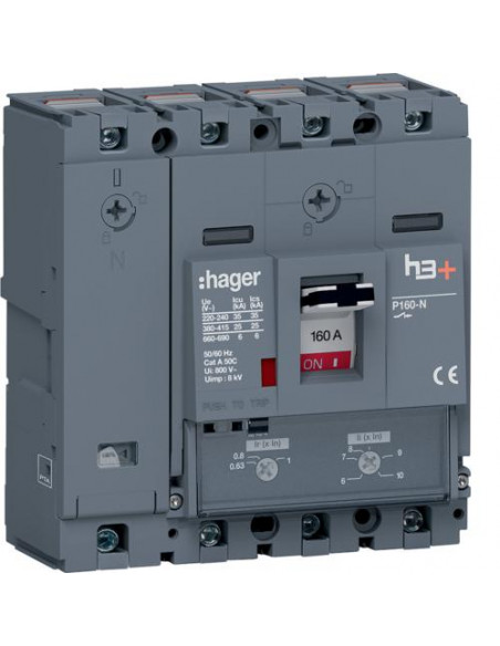 Disjoncteur Boitier Moulé h3+ P160 TM ADJ 4P4D N0-100% LN 160A 25kA CTC HAGER HHS161DC