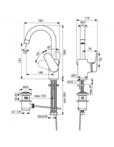 MIT LAVABO BEC TUBE OKYRIS IDEAL STANDARD D0572AA