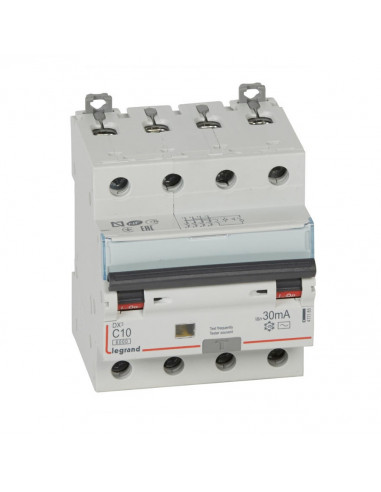 DISJONCTEUR DIFFERENTIEL DX³ TETRAPOLAIRE 10A TYPE AC 30MA 10KA COURBE C LEGRAND 411185