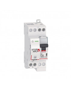 Disjoncteur DX³ STOP ARC 4500 6kA arrivée haute sortie basse à vis 1P+N 230V~ 20A courbe C 2 modules LEGRAND 415908
