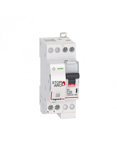 Disjoncteur DX³ STOP ARC 4500 6kA arrivée haute sortie basse à vis 1P+N 230V~ 20A courbe C 2 modules LEGRAND 415908