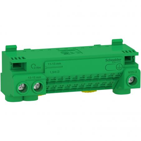 Resi9 bornier terre 63A + cavalier auto 21x1,5² à 4² vis 3x6² à 25² SCHNEIDER LGYT1E24