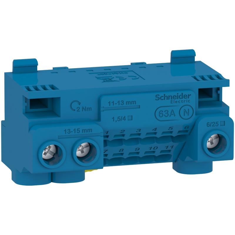 Resi9 bornier neutre 63A + cavalier auto 11x1,5 à 4² vis 3x6 à 25² SCHNEIDER LGYT1N14