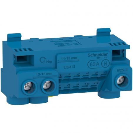 Resi9 bornier neutre 63A + cavalier auto 11x1,5 à 4² vis 3x6 à 25² SCHNEIDER LGYT1N14