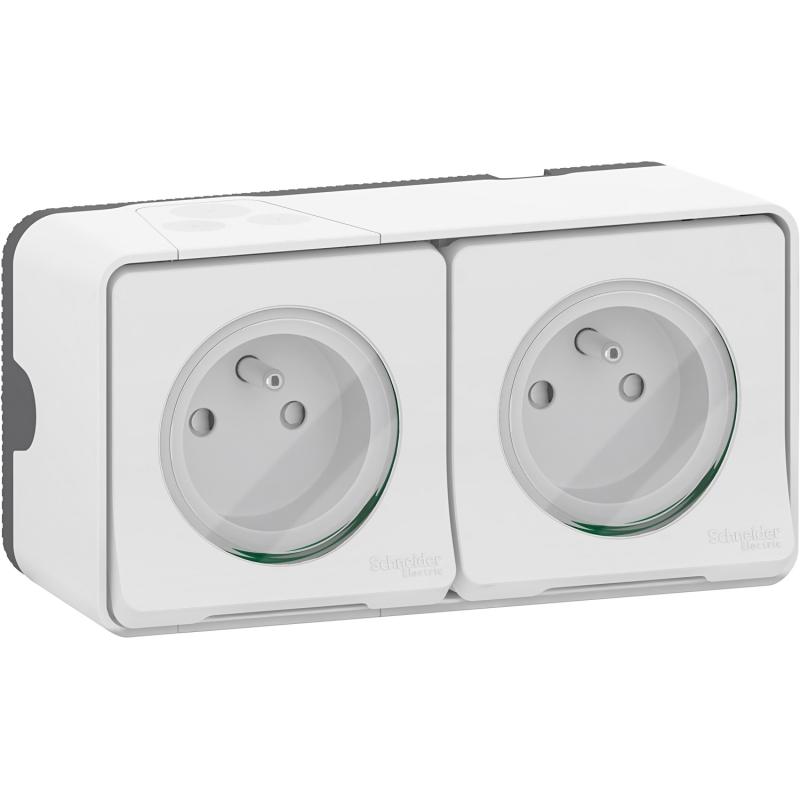 Mureva Styl Double prise 2P+T précâblée horiz saillie IP55 IK08 blanc SCHNEIDER MUR36027