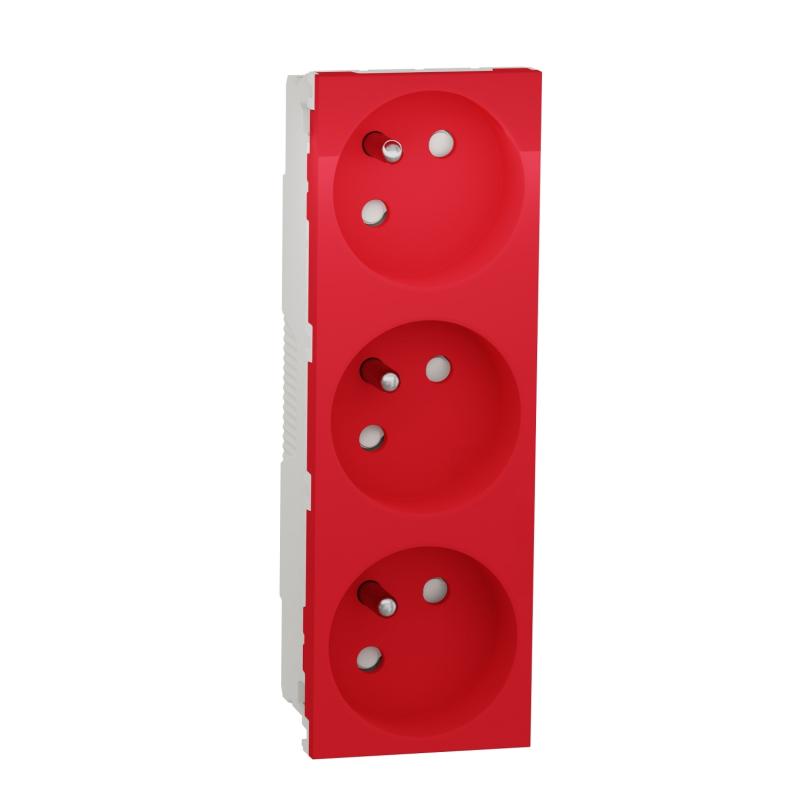 Unica prise triple 2P+T FR spéciale goulotte Rouge méca seul SCHNEIDER NU307903T