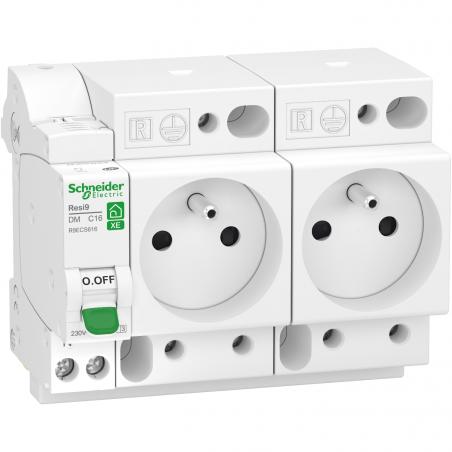 Resi9 XE combiné disj+2 prises courant 1P+N 16A courbe C embrochable SCHNEIDER R9ECS616