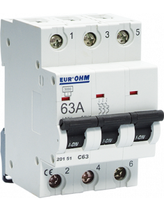 Disjoncteur 3P 63A courbe C 4,5kA EUR'OHM 20151
