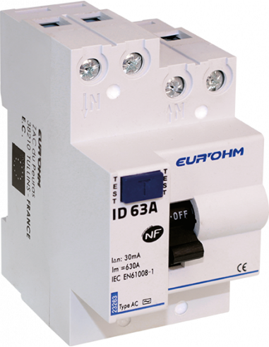 Interrupteur différentiel 63A 1P+N 30mA haut/haut Classe AC EUR'OHM 23263