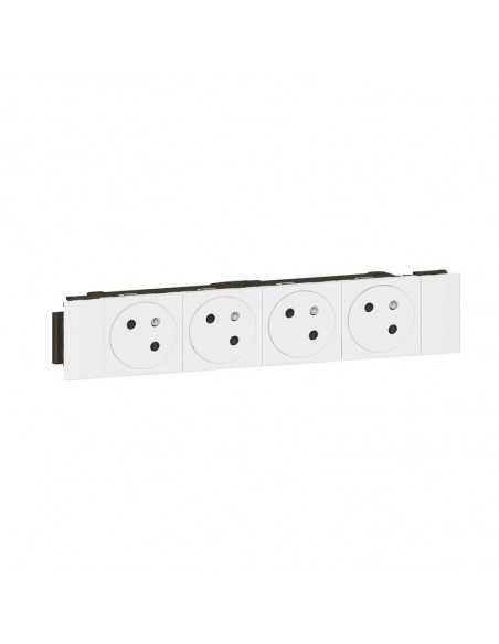 Quadruple prise de courant 2P+T Surface Soluclip pour goulotte Mosaic à clippage direct 8 modules blanc LEGRAND 077104L