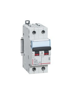 Disjoncteur DX³6000 10kA arrivée haute et départ bas à vis 2 Pôles de 230V à 400V 20A courbe C 2 modules LEGRAND 407785