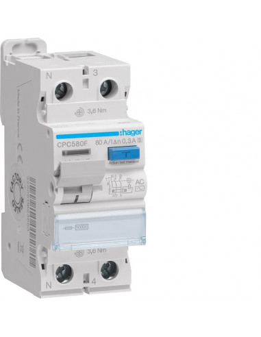 Interrupteur différentiel 1P+N 80A 300mA type AC S HAGER CPC580F
