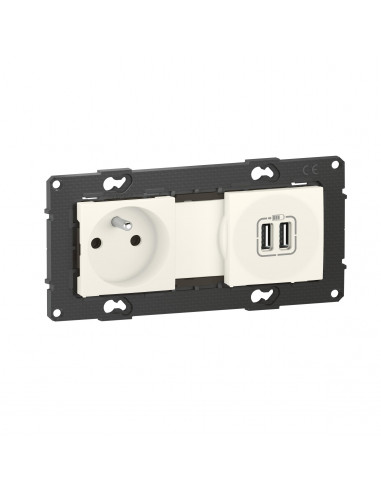 Prise de courant 16A + chargeur 2 USB 2,4A précâblées Altège finition Neige BTICINO BTAL31DD