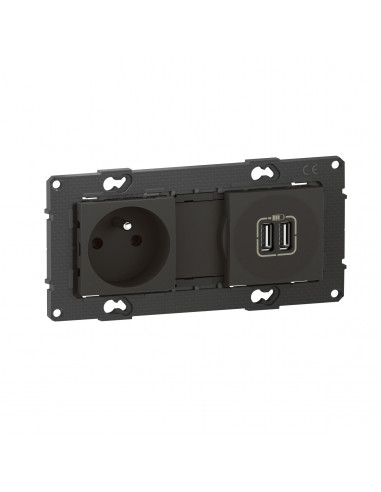 Prise de courant 16A + chargeur 2 USB 2,4A précâblées Altège finition Nuit BTICINO BTAL31SD