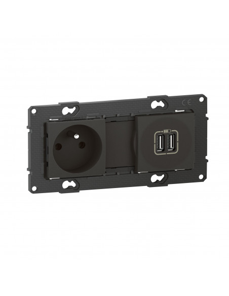 Prise de courant 16A + chargeur 2 USB 2,4A précâblées Altège finition Nuit BTICINO BTAL31SD