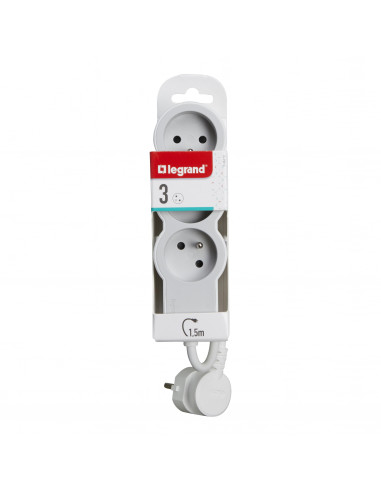 Rallonge multiprise extra-plate équipée de 3 prises 2P+T 16A 3680W avec cordon 1,5m blanc et gris clair LEGRAND 049470