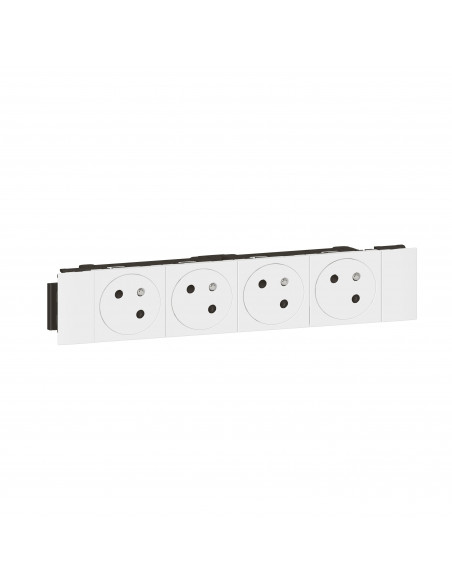 Quadruple prise de courant 2P+T Surface Soluclip pour goulotte Mosaic à clippage direct 8 modules blanc LEGRAND 077104L